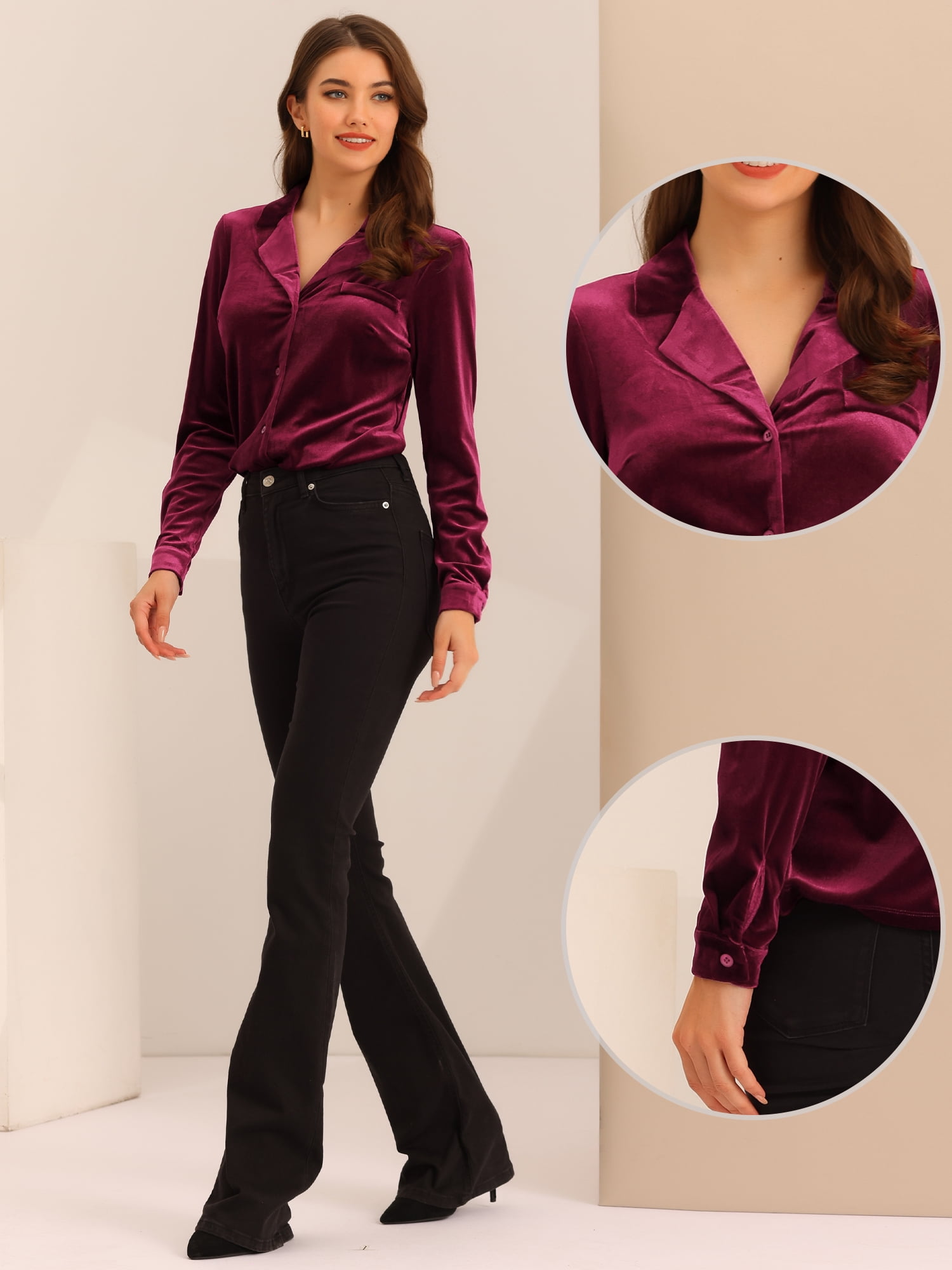 DARING DIVA Women's Retro Velvet V Neck Long Sleeve Button Down Shirt M Burgundy