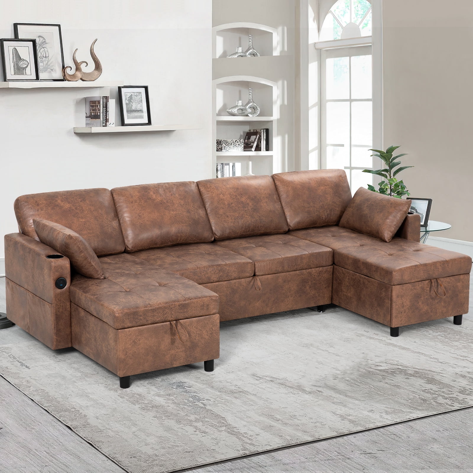ACMEASE 108" Suede Leather Sectional Sofa w/Adjustable Backrests, Pull Out Sofa Bed w/USB Charger Port& Reversible Storage Chaise,Convertible U-Shaped Sofa with Cup Holders for Living Room,Brown