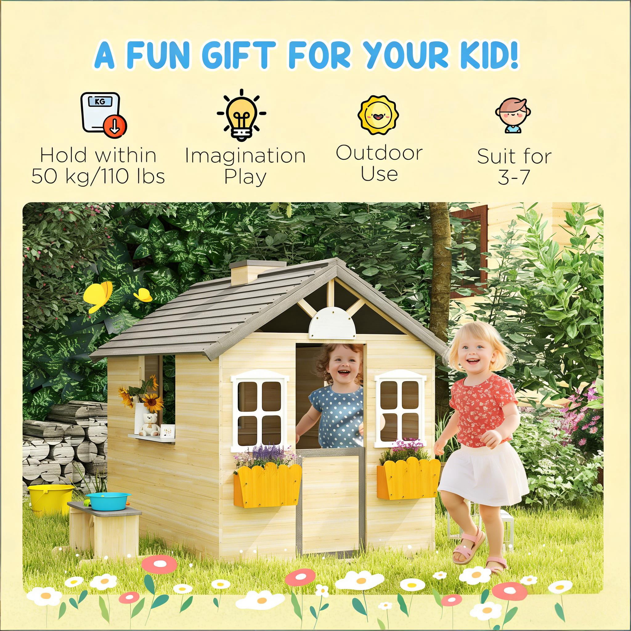 Kids Wooden Outdoor Playhouse with Bench, Service Station & Flowerpot Holders, Fir Wood Play House with Half Door & Windows, Tilted Roof, for Ages 3–7