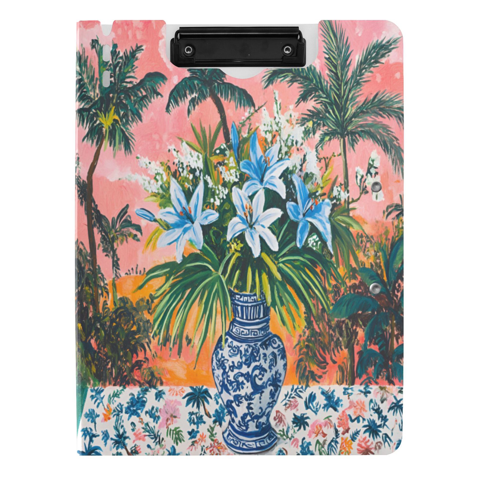 FORMRS A4 Clipboard Folder with Pen Holder Horizontal Foldable School Office Binder, Blue Flowers
