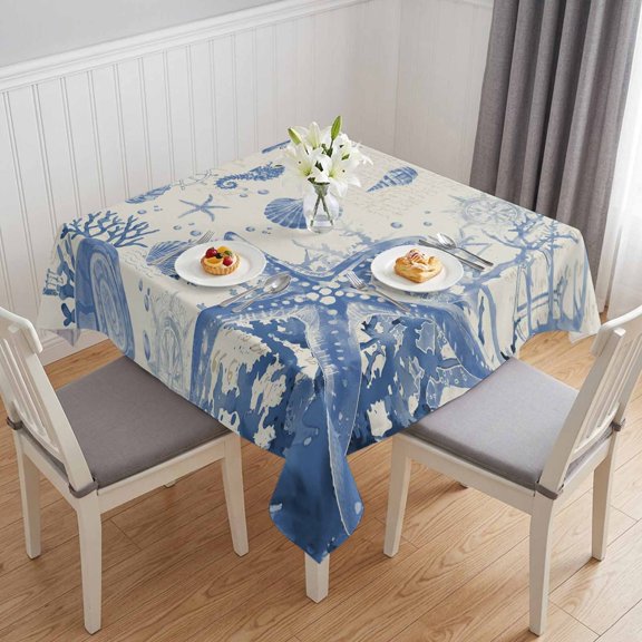 Blue Coastal Starfish Table Cloth Waterproof Tablecloths, Beach Ocean Nautical Shells Conch Tablecloth Dining Table Cover for Kitchen Party Tabletop Outdoor, Square Tablecloth 54x54 Inch