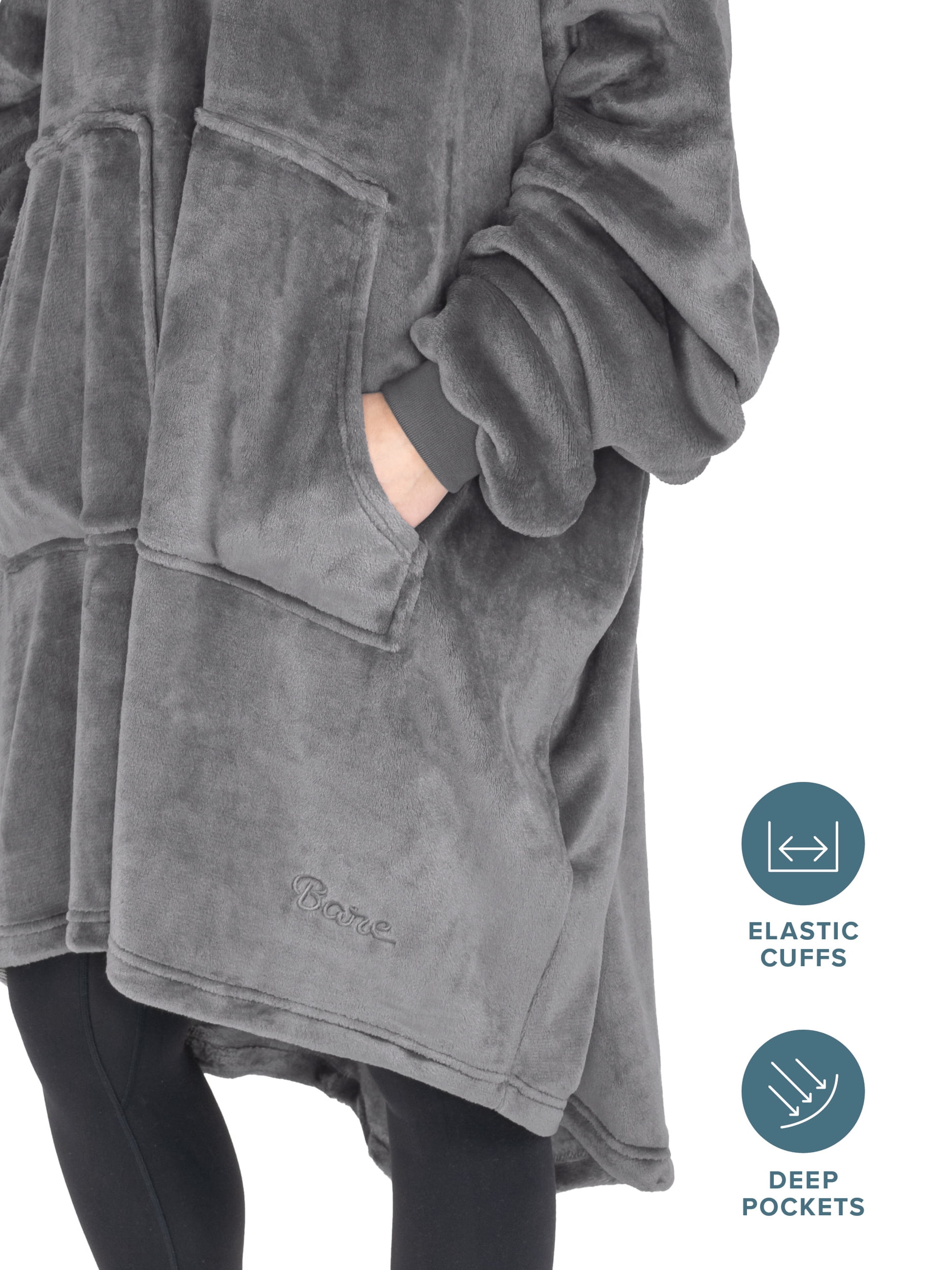 Bare Homey Adult Size Microplush Wearable Blanket, Split Front Pocket, Gray
