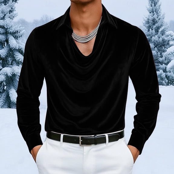 SDNall Men's Velvet Shirt with Pleated Lapel, Solid Color Long Sleeve Retro Casual Top for Holiday & Fall