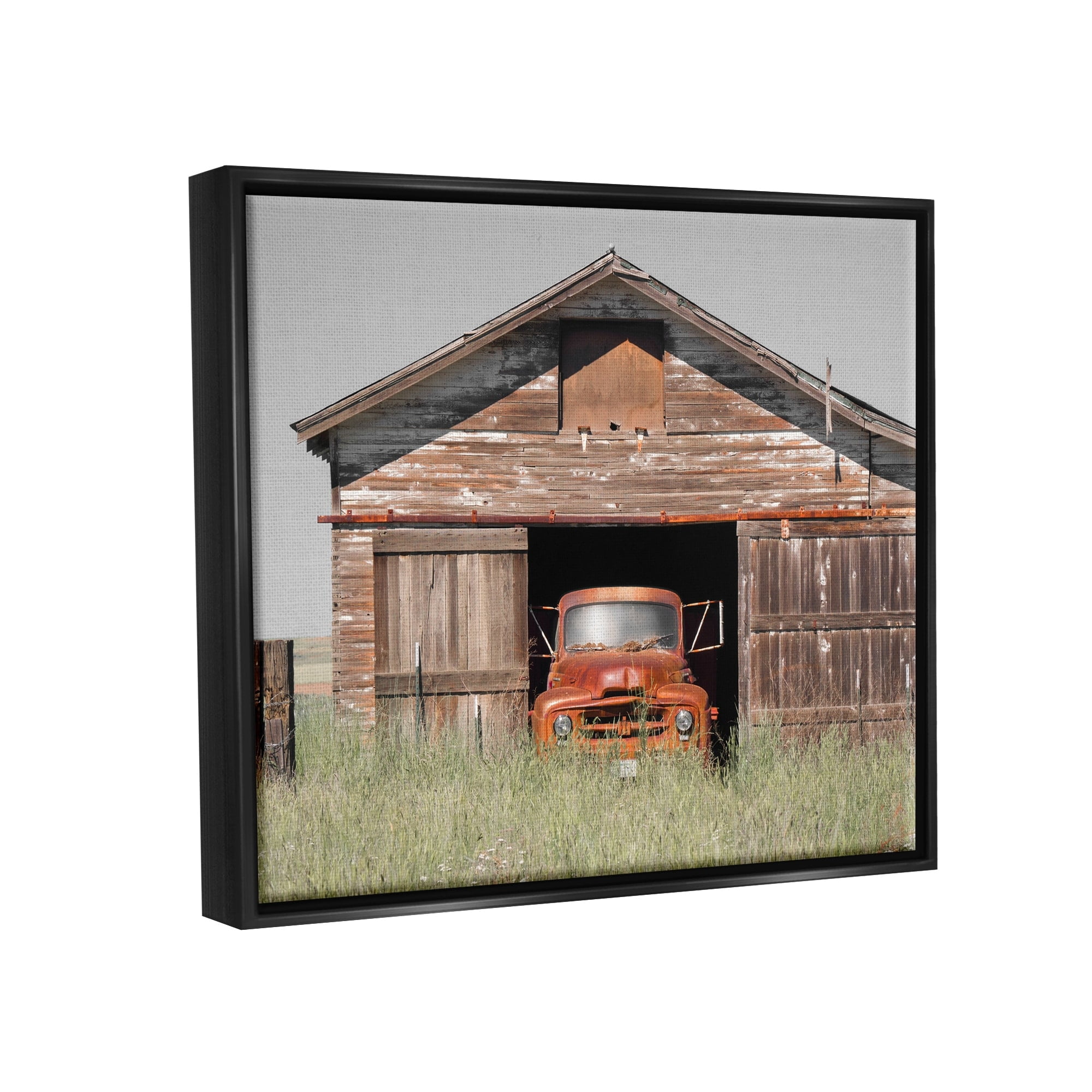 Stupell Industries Vintage Pickup Truck Weathered Country Barn Farmland Painting Jet Black Floating Framed Canvas Print Wall Art, Design by Danita Delimont