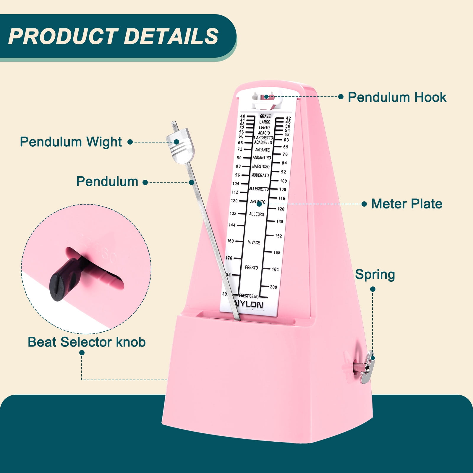 Uxcell Mechanical Metronome High Accuracy Musical Timer Universal Metronome for Piano Guitar Violin Ukulele Player Pink