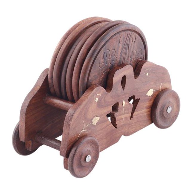 Benzara BM174930 4 x 2 x 6 in. Style Chariot de Mangue à la Main Coaster Ronde Ensemble avec Support & 44; Brun - 6 Pièces