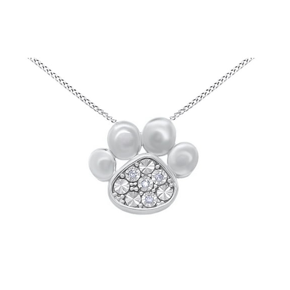 AFFY White Natural Diamond Accents Paw Print Pendant Necklace in 14k White Gold Over Sterling Silver
