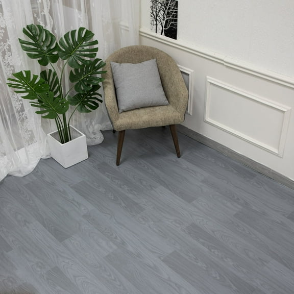 Oxdigi Vinyl Flooring Roll 39.3x118 inches, PVC Leather-Like Linoleum Floor Covering with Tape, Removable- No Adhesive Backing Light Gray Wood