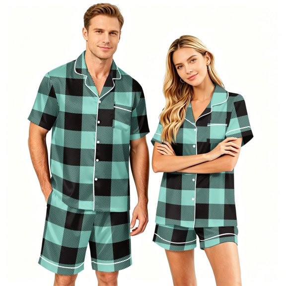 Men's Pajama Sets Button Up Pajamas for Women Matching Pajamas for Couples Mens Pajamas Set Shorts Couple Matching Pajamas Sets Short Sleeve Button Down Sleepwear Pjs Shorts Set Soft Loungewear, L
