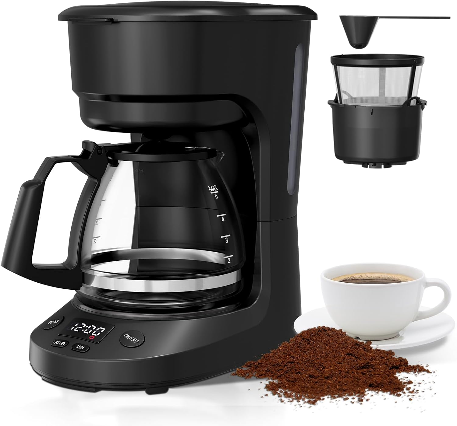 WAA 5 Cup Drip Coffee Maker Delay Brew, Keep Warm, Reusable Filter, Overheat-Protection,25oz,Black