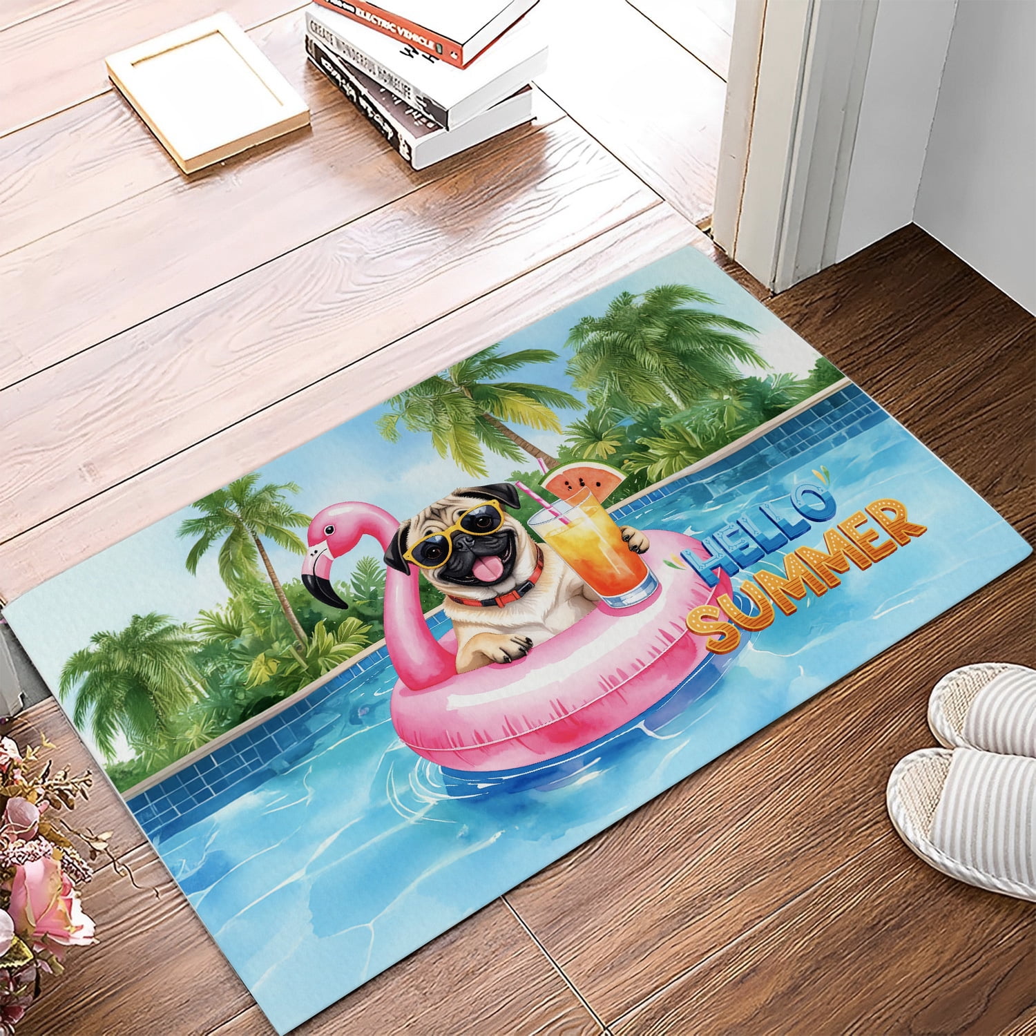 Hello Summer Pug at Swimming Pool Flamingo Swim Ring Doormat Dog Lover Gifts Indoor Outdoor Welcome Mat - 12009