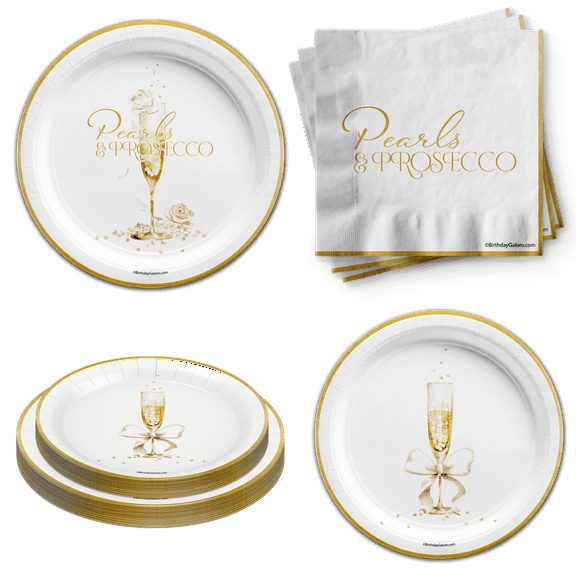 Pearls and Prosecco Bridal Shower Party Supplies - 24 Piece Tableware Set Includes Large 9" Dinner Plates and 7" Dessert Paper Plates Napkins
