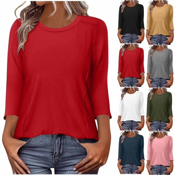 Women's Casual Fashion Solid Color 3/4 Sleeve Round Neck Shirt Blouse Top, Breathable Lightweight Loose Fit Spring Summer Vacation Tunic | CSEONE,Army Green XL