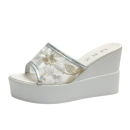 

casual shoes for Women Fashion Women s Spring And Summer Thick-Soled Mesh Lace High-Heeled Peep Toe Wedge Sandals Mesh heeled sandals White