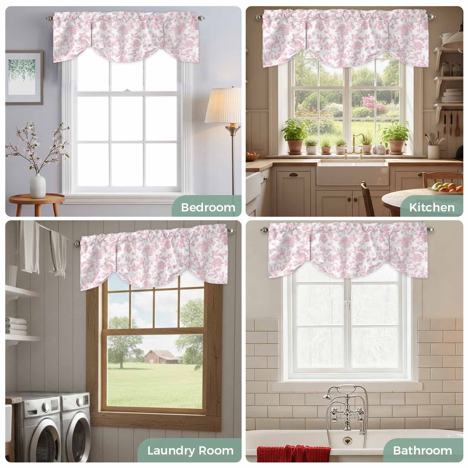 Light Pink Floral Paisley Tie Up Valances Curtain, Boho Leaf Vintage Farmhouse Linen Adjustable Rod Pocket Short Window Treatment Tie Up Curtains Valances for Kitchen Living Room 60x18 In