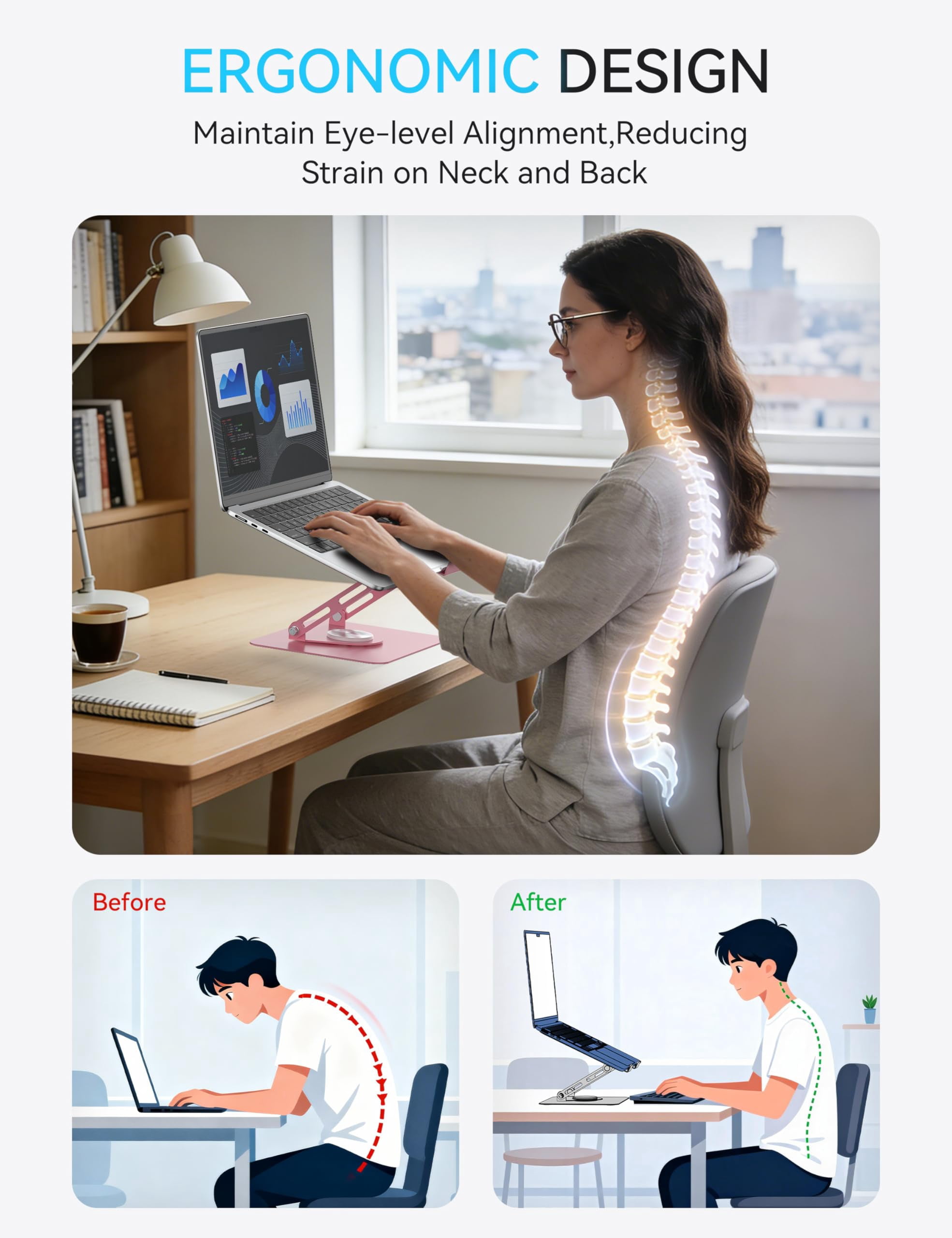 360 Rotating Laptop Stand  Computer Riser For Desk Adjustable Height Multi-angle Metal Holder Foldable Portable Notebook Elevating Base Office & Home Pink