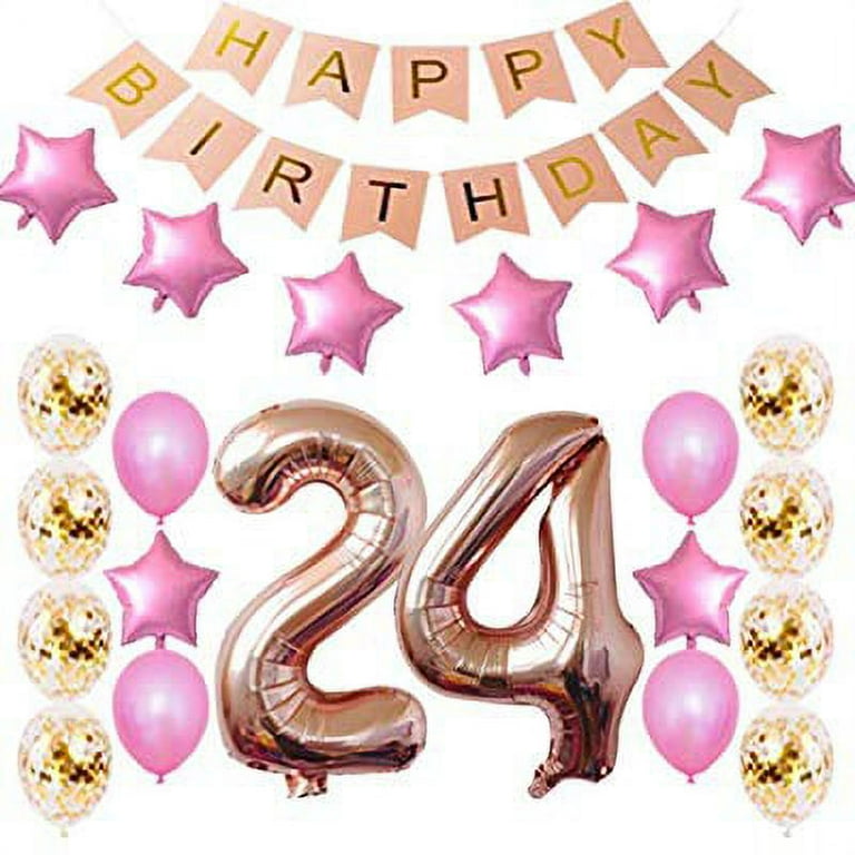 24th Birthday Decorations Party Supplies Happy 24th Birthday Confetti  Balloons Banner and 24 Number Sets for 24 Years Old Party-Rose Gold 