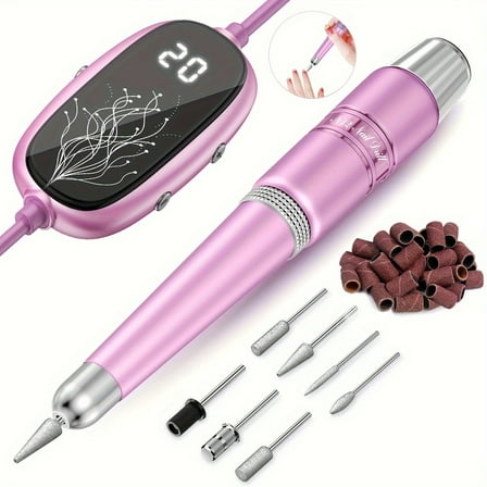 Electric Nail Drill, 20000rpm Portable Electric Nail File Efile Machine for Manicure Pedicure Acrylic Gel Nails with Nail Drill Bits, Professional Acrylic Nail Drill for Home & Salon, Pink