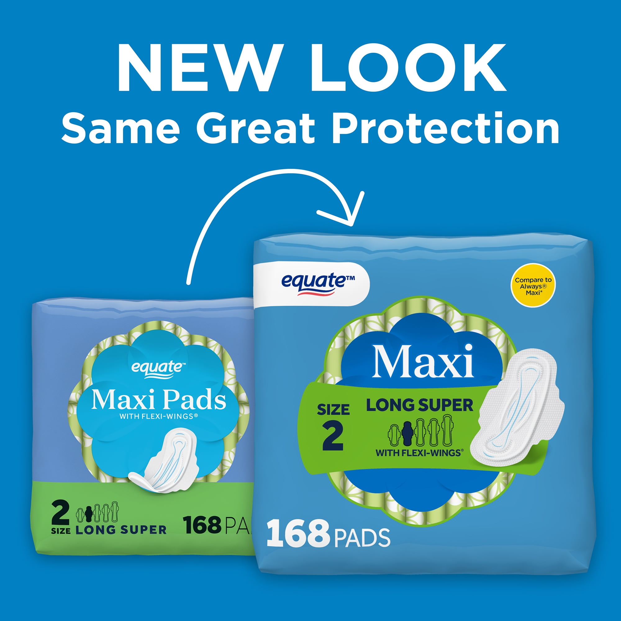Equate Maxi Pads with Wings, Size 2, Long Super Absorbency, Compare to Always® (168 Count)