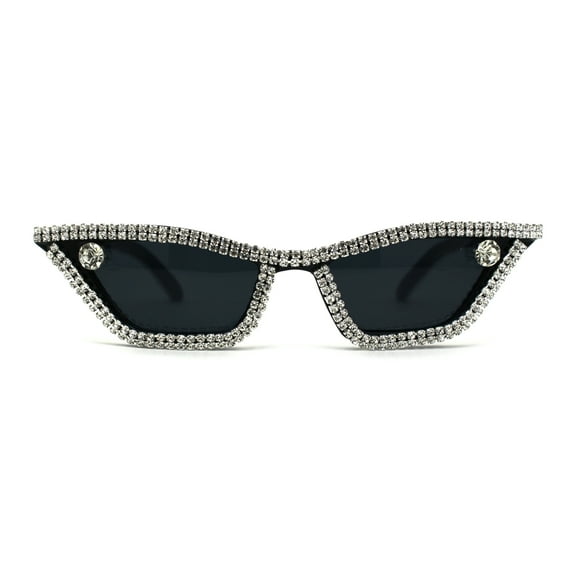 Full Rhinestone Iced Narrow Cat Eye Diva Sunglasses All Black