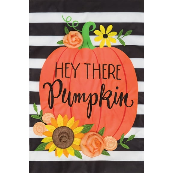 Hey There Pumpkin - Garden Size, Embroidered Applique Style, Double Sided Decorative Flag - Approx. 12 Inch X 18 Inch