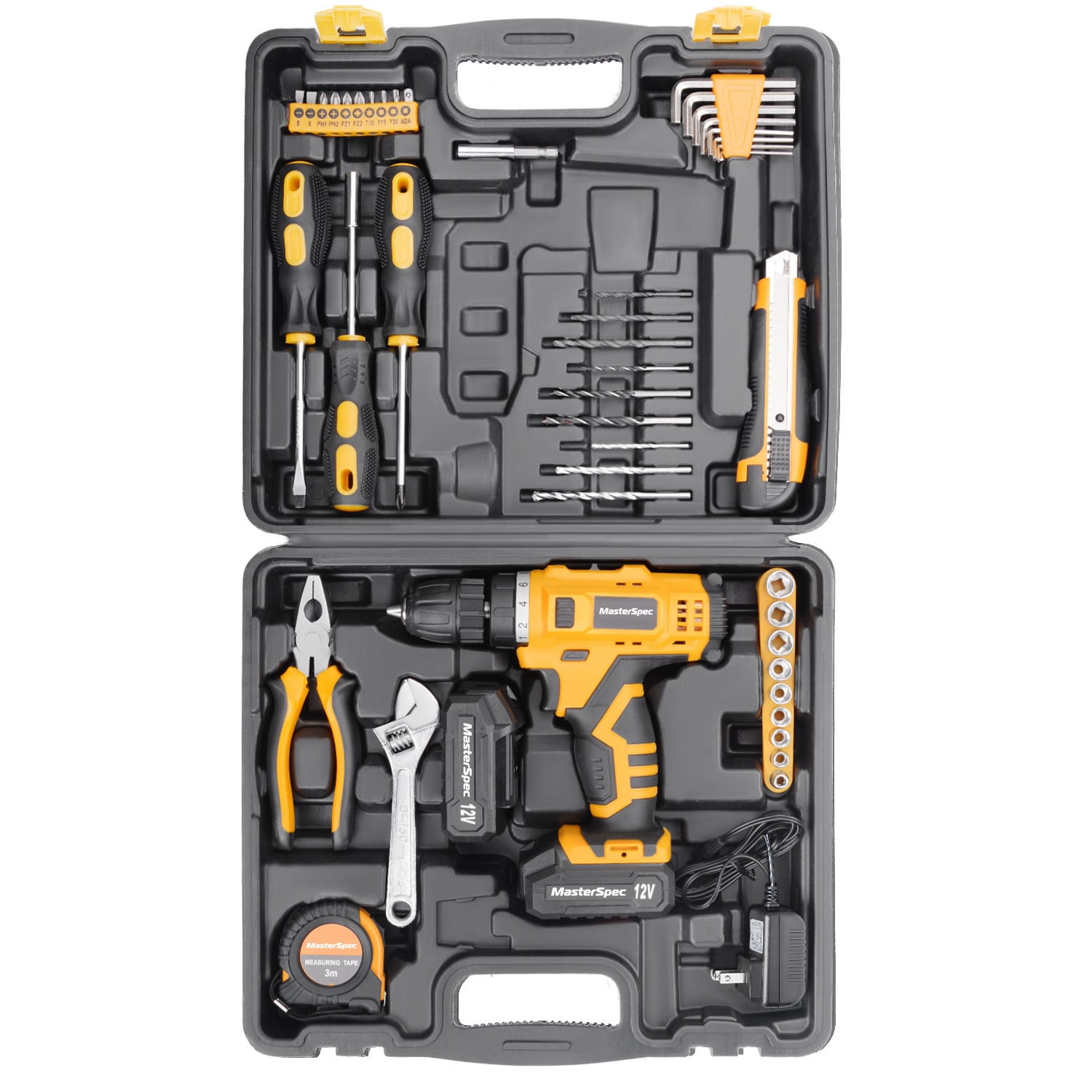 MasterSpec 12V Cordless Drill Driver Kit with 2 Batteries, 47PCS Household Hand Tools, 18+1 Settings for Complete DIY Home Repair and Furniture Assembly Projects