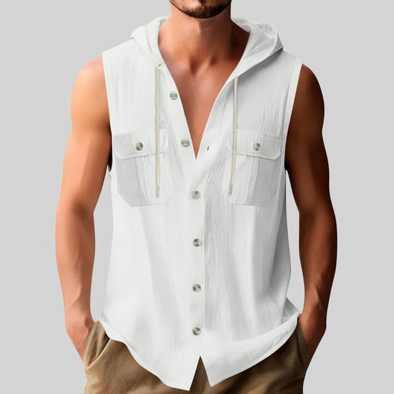 asjyhkr Mens Hooded Sleeveless Shirts Button down Comfy Linen Cotton Causal Athletic Vacation Shirts