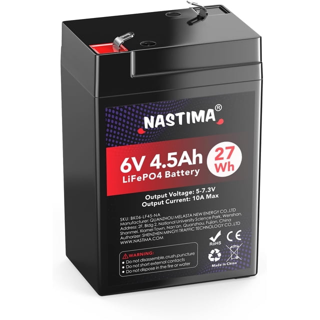 NASTIMA 6V 4.5Ah Rechargeable Lithium Iron Phosphate Battery, 2000+ Cycles LiFePO4 Battery Pack for Emergency Light, Lantern, Kids Ride On Car, Deer Game Feeder