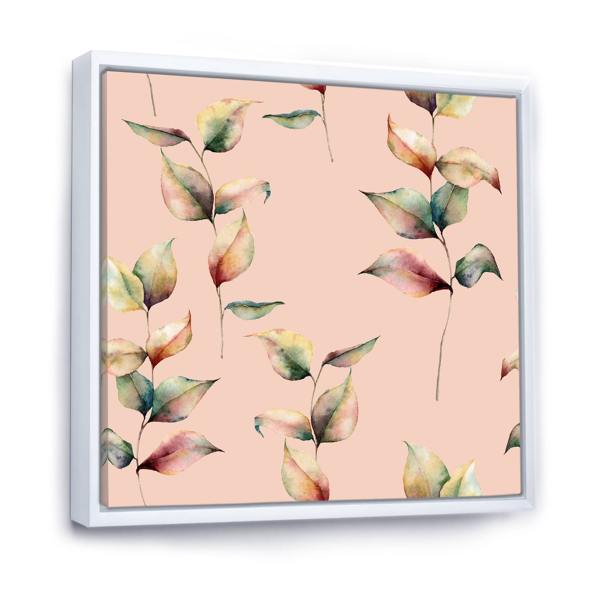 Designart 'Autumn Pink Leaves with Branch On Pastel Colors' Traditional Framed Canvas Wall Art Print