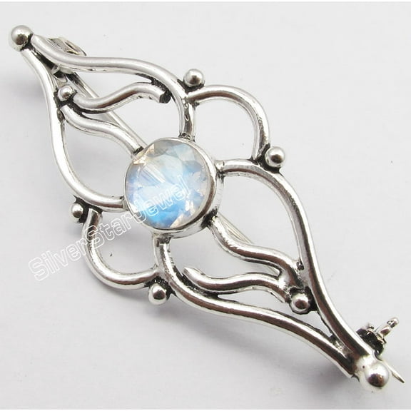SilverStarJewel 925 Sterling Silver Round Rainbow Moonstone Handwork Broach Brooch 2" Artisan