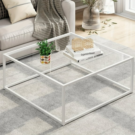 Glass Coffee Table for Living Room, Square Coffee Tables for Small Spaces, Simple Tea Cocktail Modern Center Tables, Living Room Tables, Easy Assembly, 26 * 26in