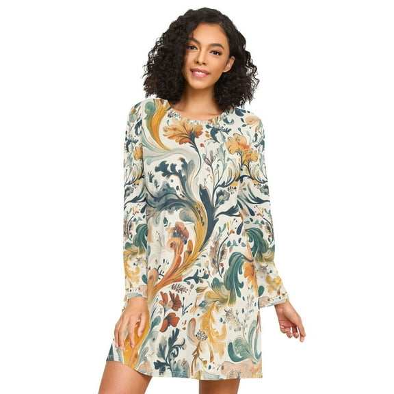 FORMRS Womens Long Sleeve Nightgowns Crew Neck Sleep Shirt Soft Pajamas Sizes S-3XL, Whimsical Leaves