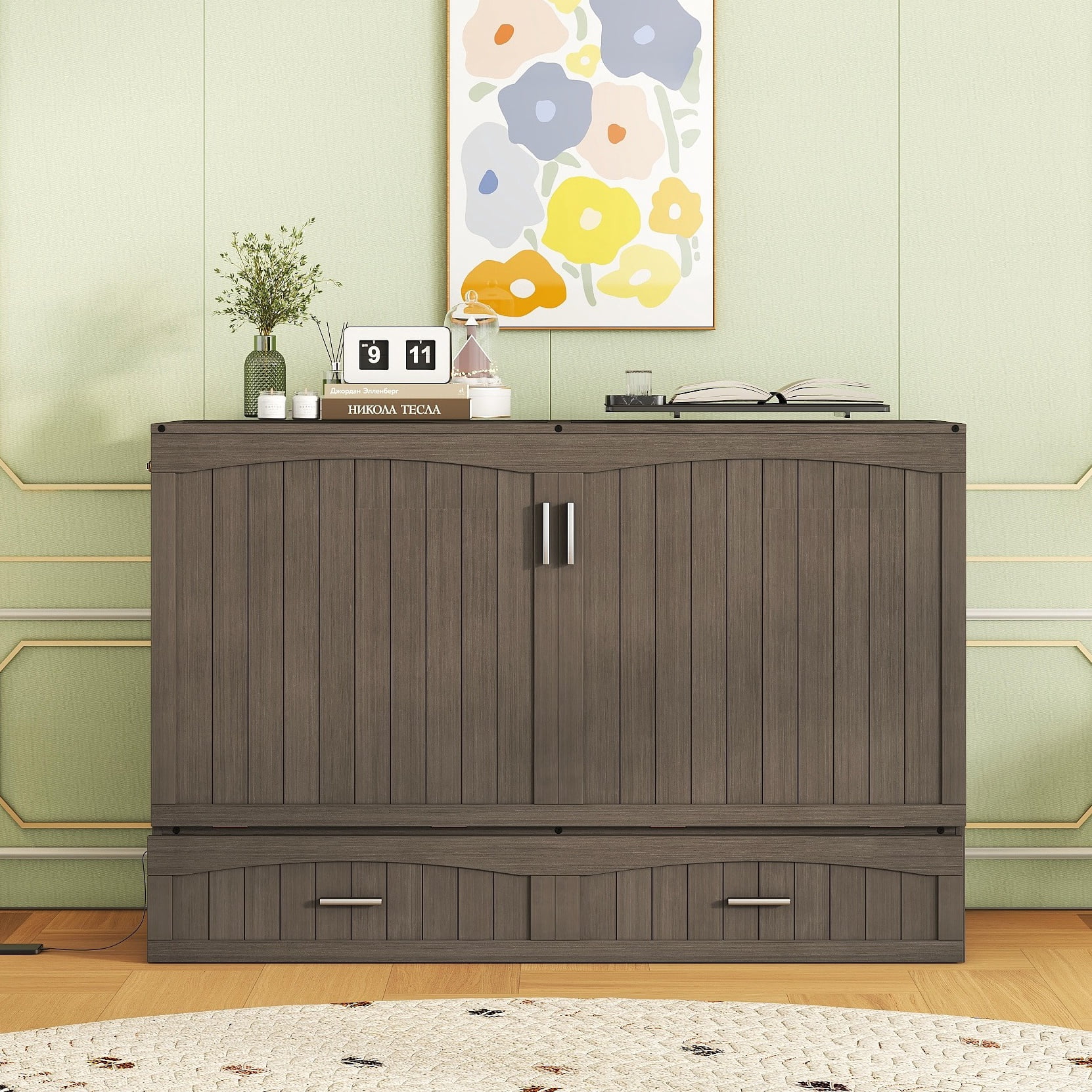 Bellemave Queen Size Murphy Bed with Charging Station, Wooden Murphy Cabinet Bed with Storage Drawer, Foldable Queen Size Platform Bed Frame for Guest Room Home Office (Antique Gray)