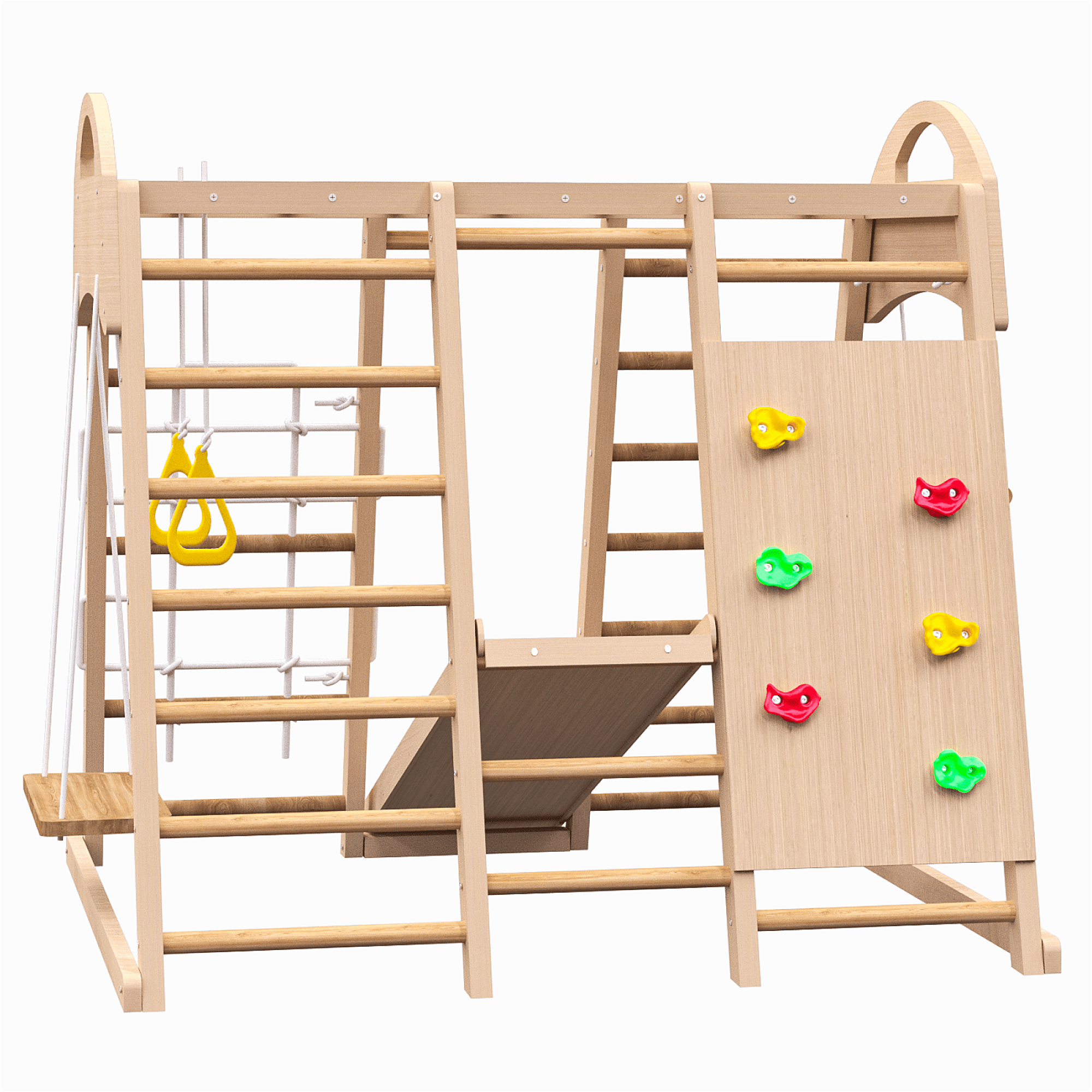 7-in-1 Indoor Jungle Gym, Indoor Playground for Kids,Wooden Montessori Climber Playset withfor Slide, Climbing Wall, Rope Wall Climber, Monkey Bars, Swing