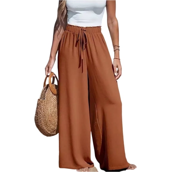Kixjoy Womens Wide Leg Pants Casual Drawstring Flowy Pants High Waisted Trendy Lightweight Pant Soild Spring Beach Palazzo Pants, Light Brown S