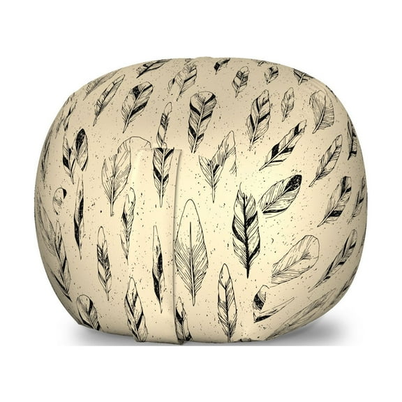 Tribal Storage Toy Bag Chair, Bohemian Feather Plumage Murky Hand Drawn Like Monochrome Repetition, Stuffed Animal Organizer Washable Bag, Small Size, Eggshell and Charcoal Grey, by Ambesonne