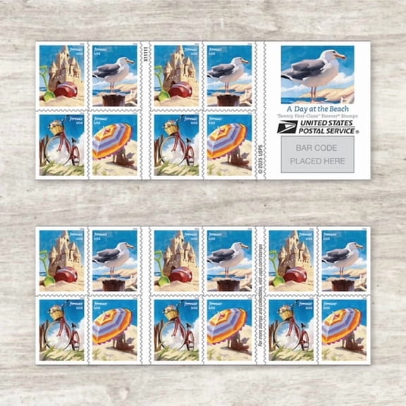 A Day at the Beach USPS Forever Postage Stamp 1 Book of 20 US First Class Mail Summer Sand Bird Wedding Announcement Celebrate (20 Stamps)