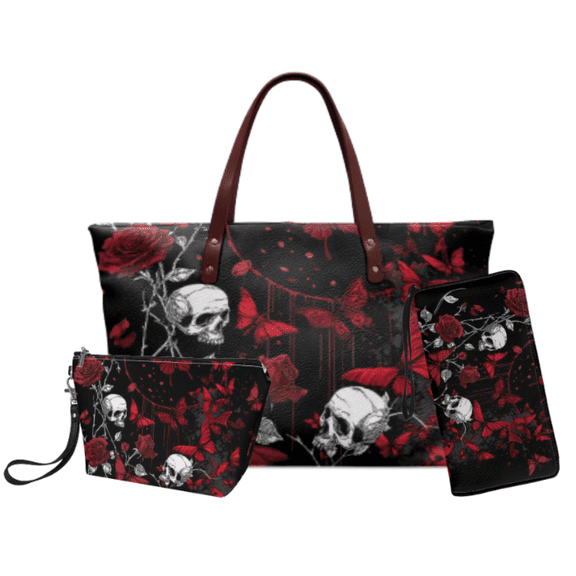 Tutolipy 3 Pcs Wallet Set for Ladies Skull Rose Print Tote Purse Waterproof Light Makeup Pouch for Travel Daily