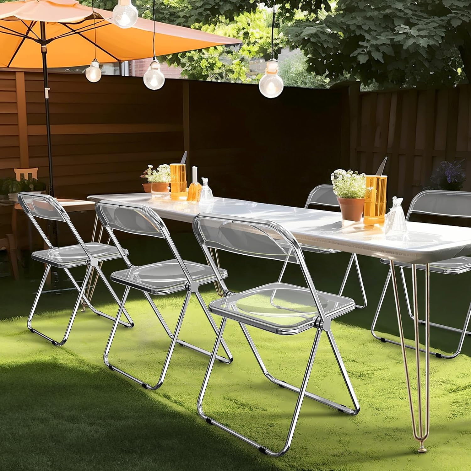 VINGLI Folding Chairs 4 Pack, Clear Chair Foldable and Stackable, Acrylic Plastic Panel & Metal Chrome Frame, Weight Capacity 350 lbs, Transparent