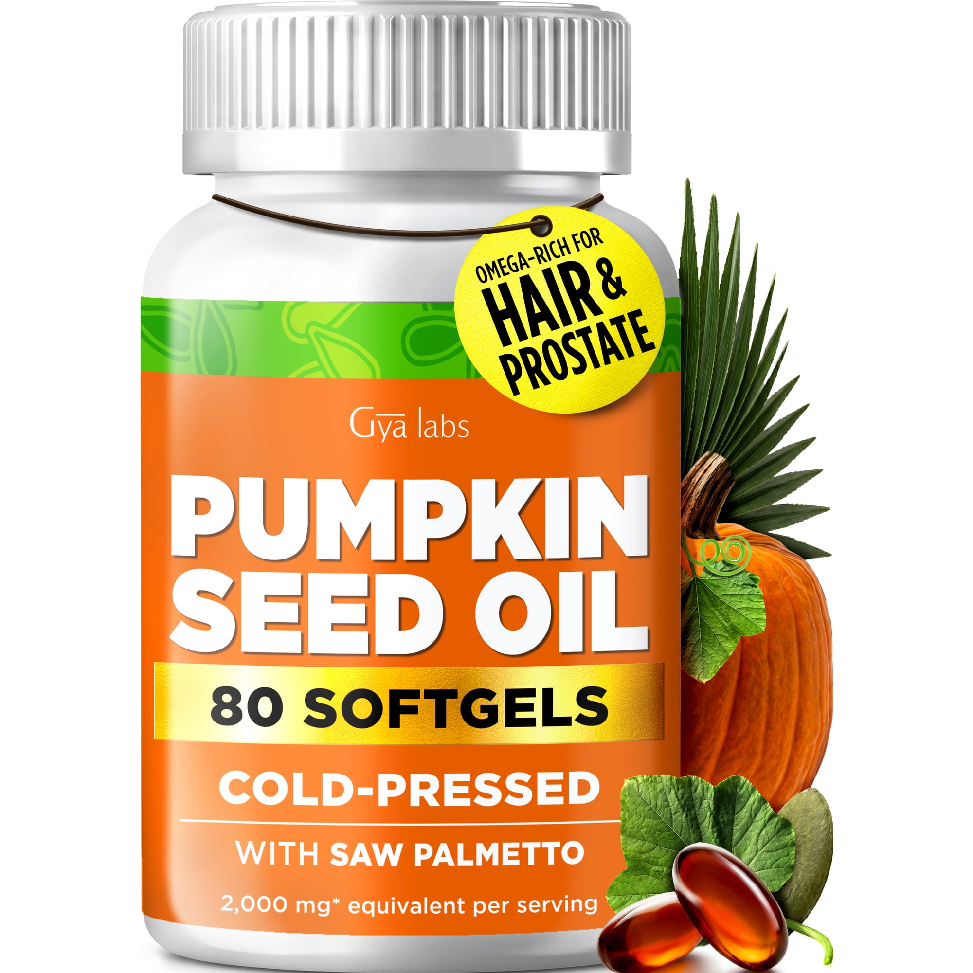 Gya Labs Pure Cold Pressed Pumpkin Seed Oil Softgels 2000 mg - 80 Count - with Saw Palmetto for Hair & Prostate Support — Omega 6 & 9, Non-GMO, GMP Certified