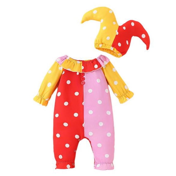 RUINIXCW Newborn Baby Girl Halloween Outfit Clown Costume Infant Baby Girl Fall Winter Romper Clothes Ruffled Collar Dot Long Sleeve Contrast Color Jumpsuit Hat