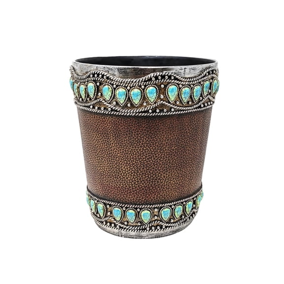 Decorative Resin Faux Leather Small Wastebasket with Turquoise Gem - Southwestern Rustic Trash Bin for Bathroom, Bedroom, and Kitchen - Small Decorative Wastebasket for Home or Office Décor