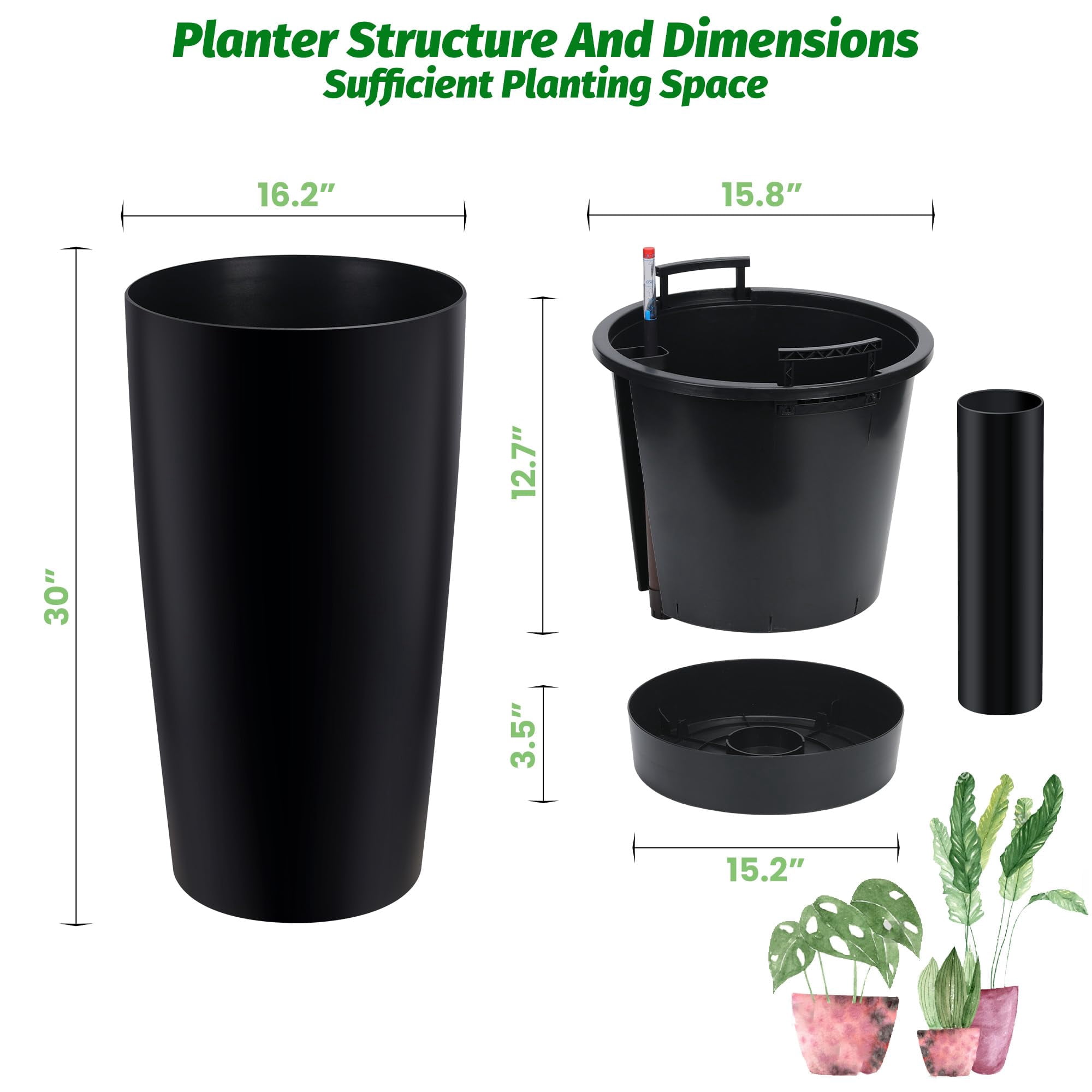 2-Pack Large 30-Inch Self-Watering Planters with Drainage Holes, Water Gauge, and Removable Inner Pot – Ideal for Outdoor Gardening and Porch Display, Black