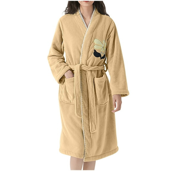 Nfurl Robes for Women with Pockets Elegant Flower Print Long Sleeve Bathrobes with Pockets Winter Fuzzy Robe Warm Lounge Ladies Robe Yellow Free Size