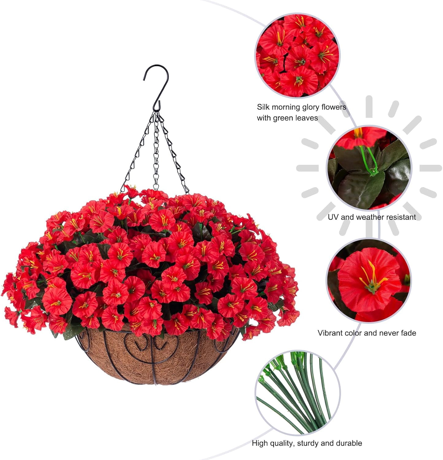 Artificial Fake Hanging Flowers Plants Baskets for Outdoor Outside Summer Decoration, Faux Silk Red Morning Glory in Planter UV Resistant Realistic for Home Porch Patio Balcony Garden Yard