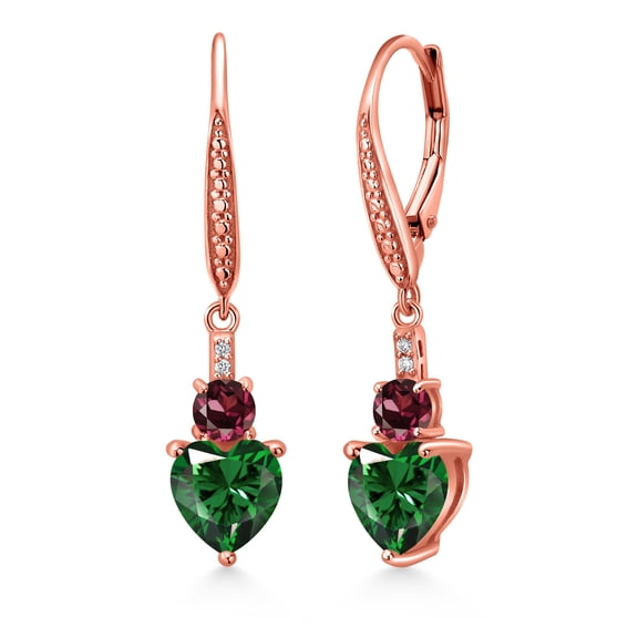 Gem Stone King 18K Rose Gold Plated Silver Green Nano Emerald Red Rhodolite Garnet and White Lab Grown Diamond Drop Dangle Earrings for Women (2.77 Cttw, Heart Shape 7MM, Round 4MM)