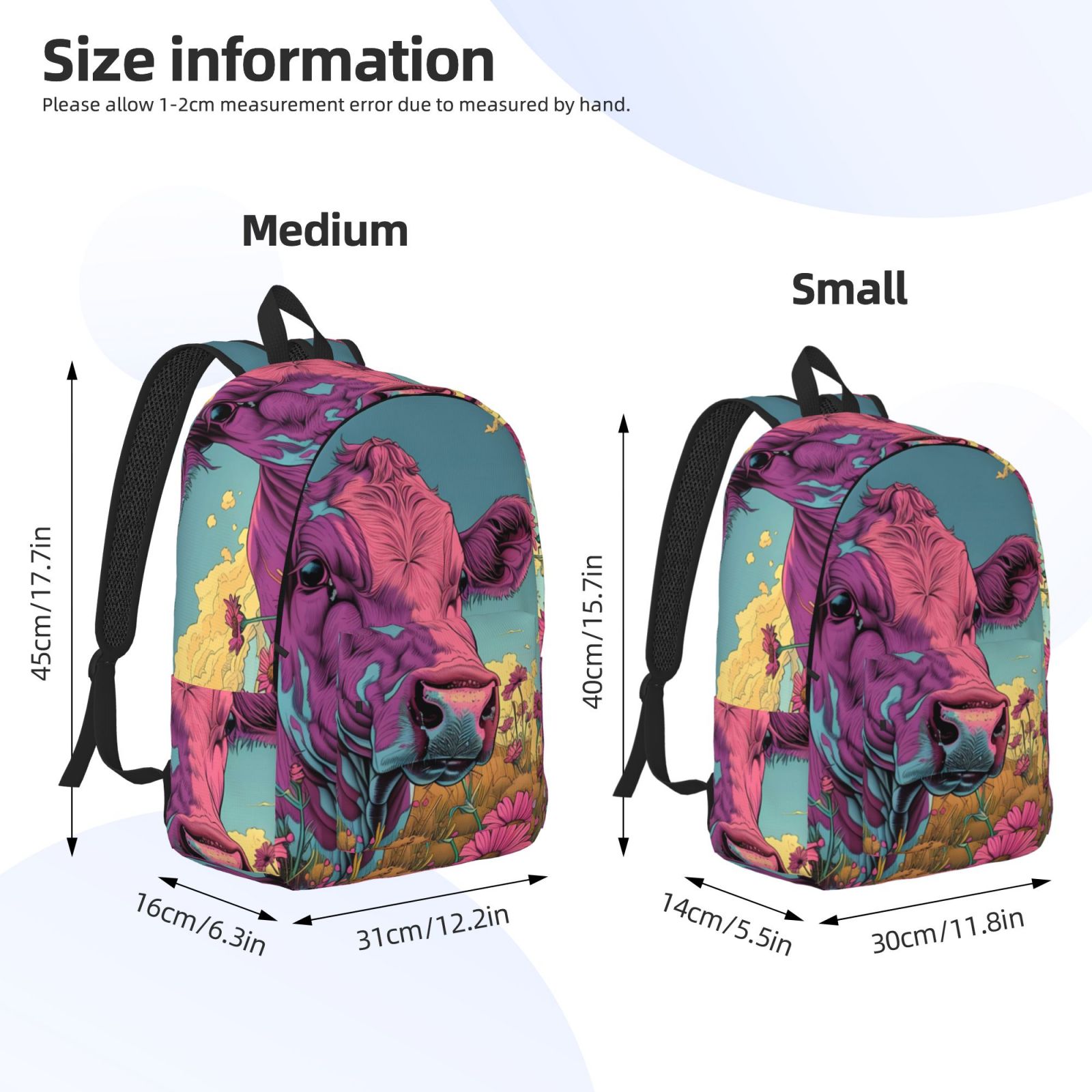 Picia Pink Cow In Sunflower Field Printed Canvas Daypack - Stylish and Durable Vintage Compact Backpack - Class, Work, Travel, or Laptop Bookbag,Organized Compartments-Medium