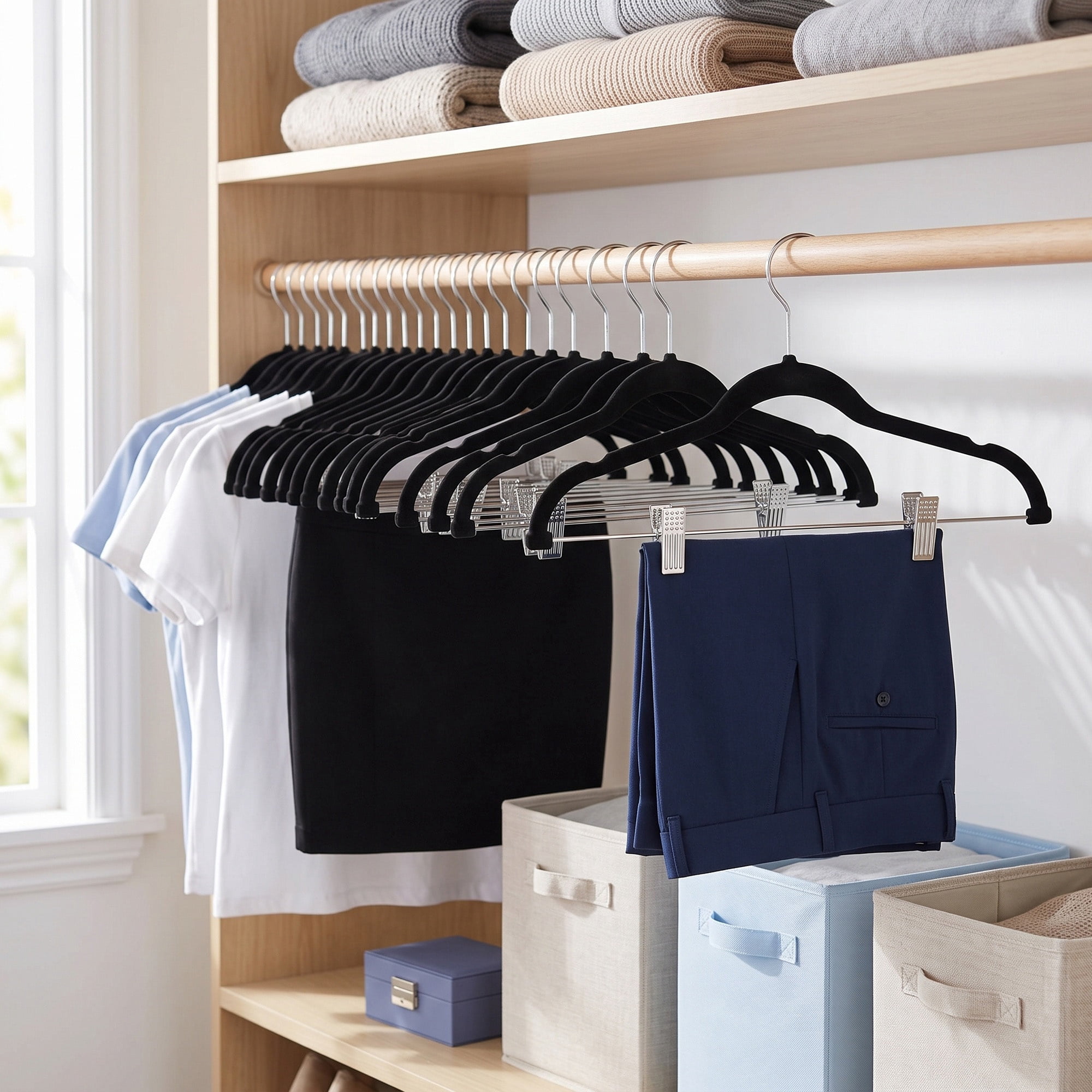 Ledrem 30-pack Adjustable Velvet Hangers, Skirt & Pants Hangers, Space-Saving, Black