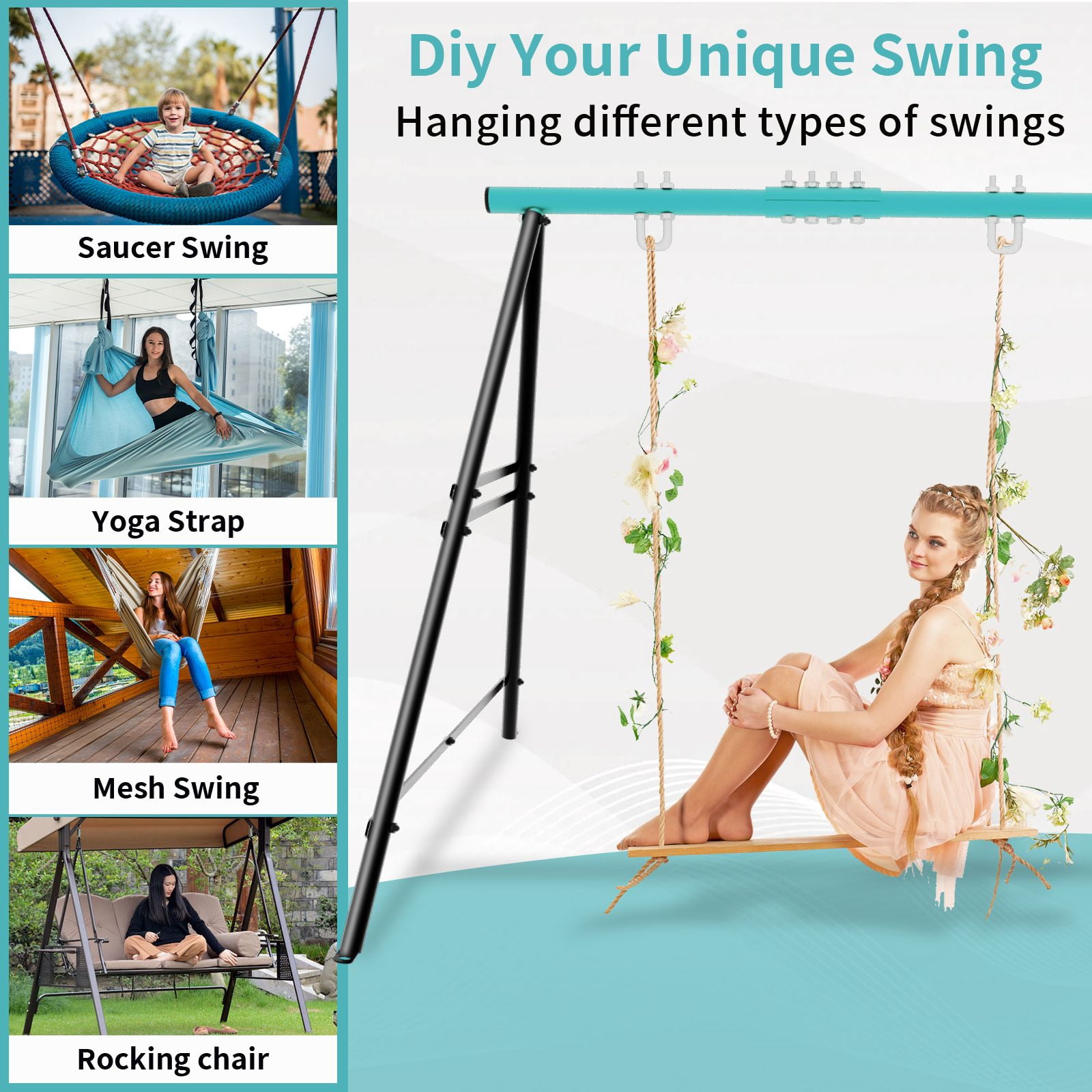 Metal Swing Stand Swing Sets for Backyard, Powder Coated Swing Frame of Swing Set with Extra Side Bars,880 Lbs Heavy-Duty A-Frame Outdoor Swing Fits Swing Chair, Porch Swing