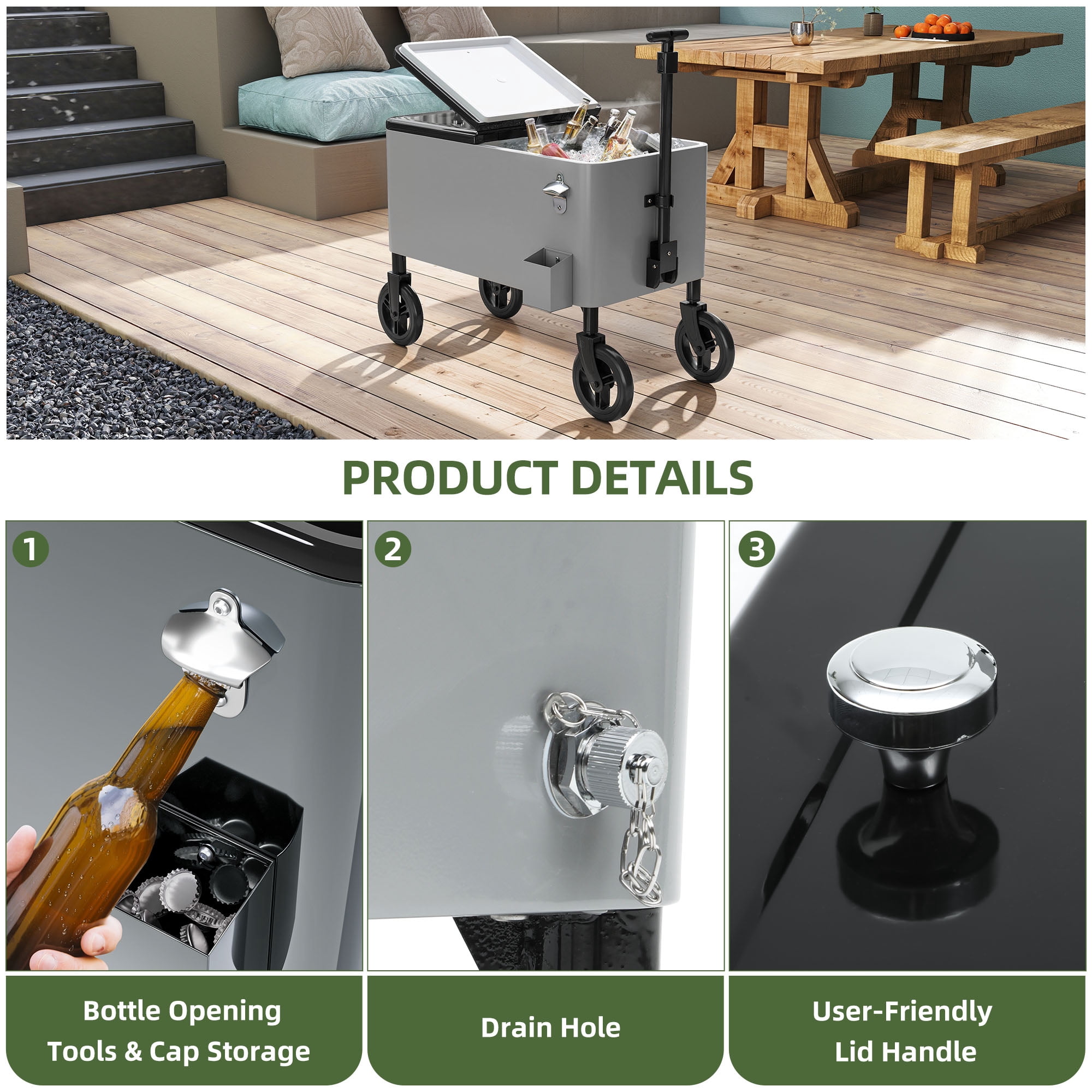 Uforic 80 Quart Rolling Cooler Cart with 360° Swivel Wheels, Outdoor Portable Beverage Ice Chest  Cart, with Bottle Opener, Silver